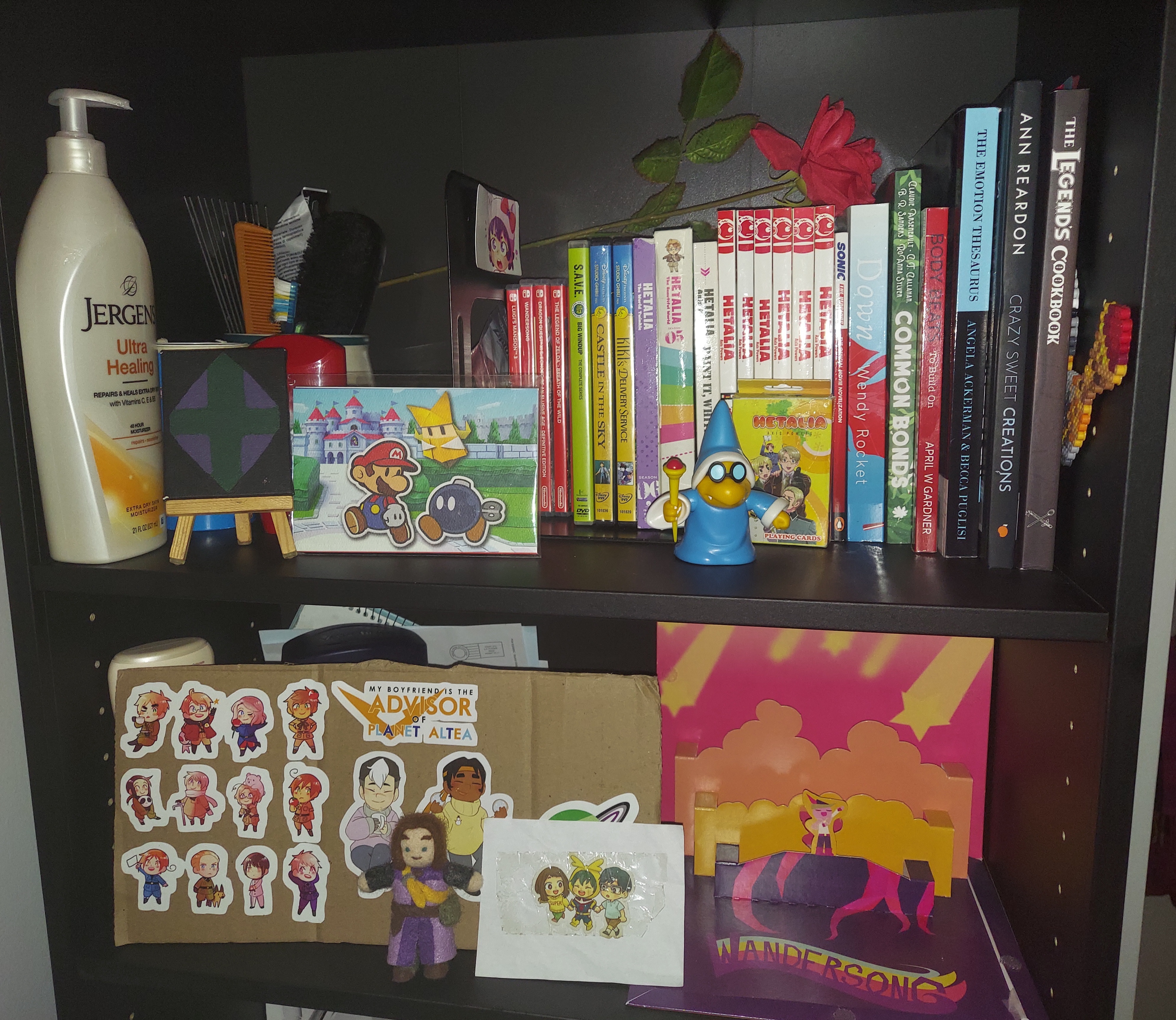 Bookshelf Photo Jan 2023 A photograph of my bookshelf, contianing various books and figurines and stickers
