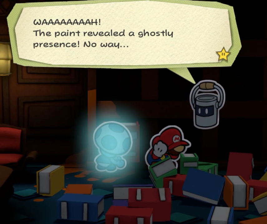 Mario cowering in fear at a ghost in PMCS